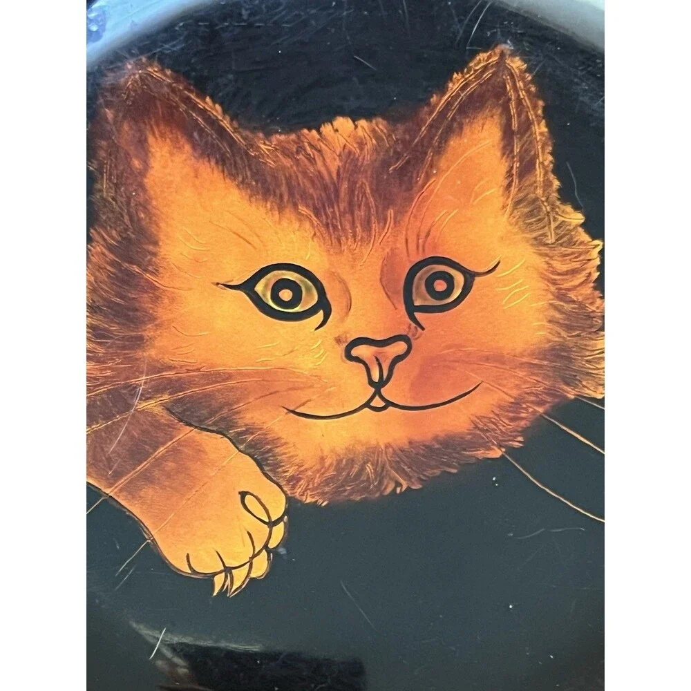 Vintage Wood Black Lacquer Set of 3 Large Cat Trinket Boxes Handpainted